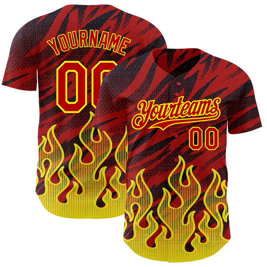 Custom Red Black-Light Yellow 3D Pattern Design Flame Authentic Baseball Jersey - Main View