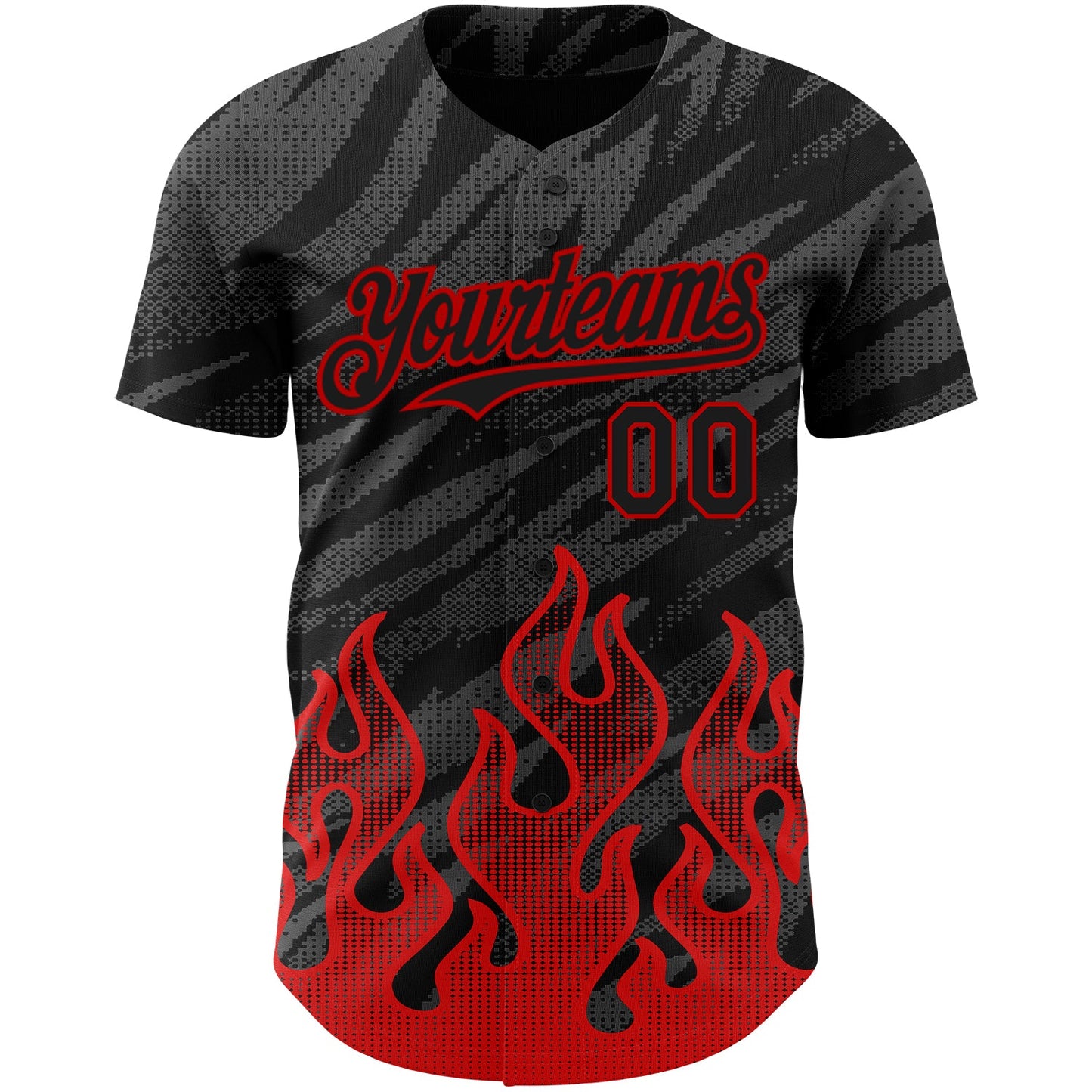 Custom Black Red 3D Pattern Design Flame Authentic Baseball Jersey view 2