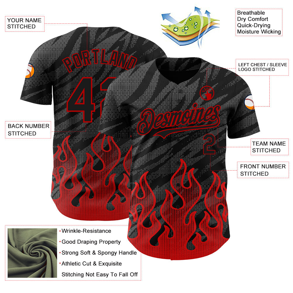 Custom Black Red 3D Pattern Design Flame Authentic Baseball Jersey view 3