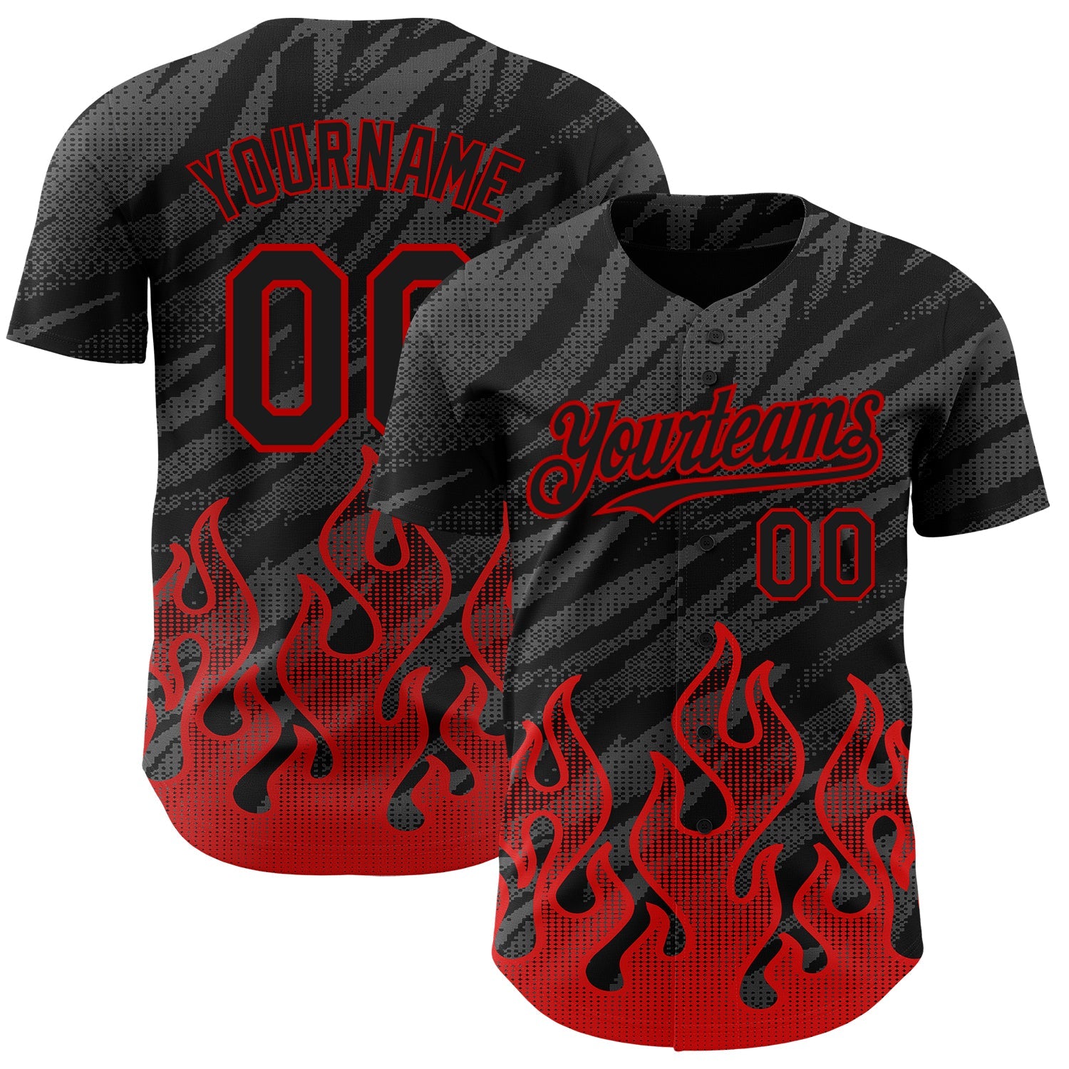 Custom Black Red 3D Pattern Design Flame Authentic Baseball Jersey - Main View