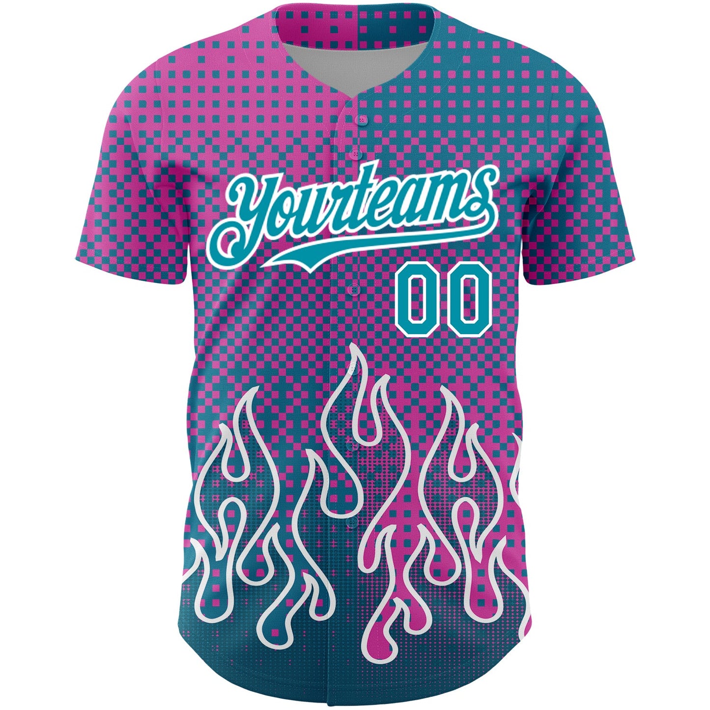 Custom Pink Teal-White 3D Pattern Design Flame Authentic Baseball Jersey view 2