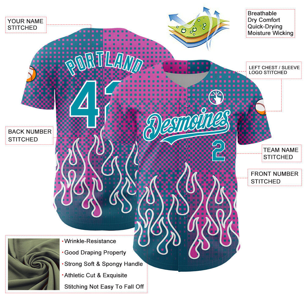Custom Pink Teal-White 3D Pattern Design Flame Authentic Baseball Jersey view 3