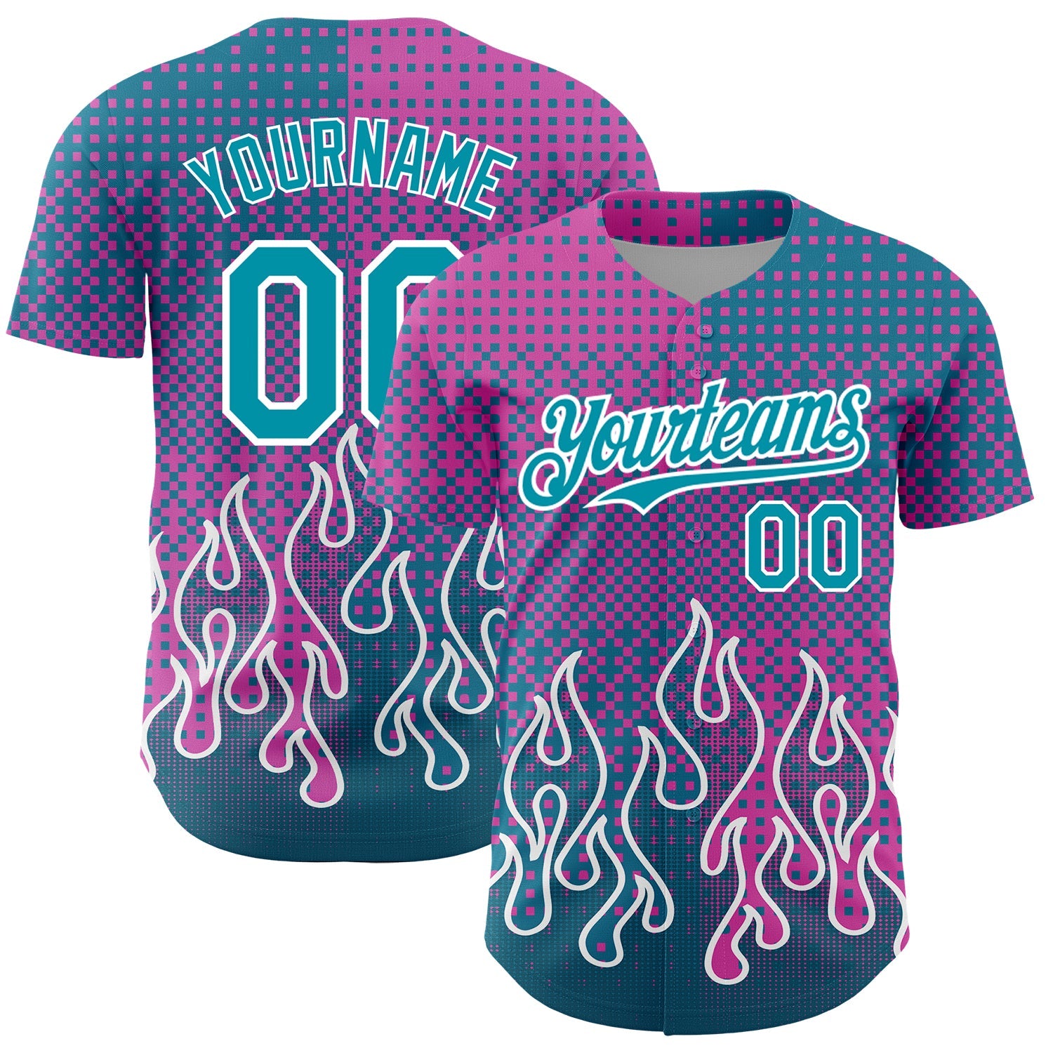 Custom Pink Teal-White 3D Pattern Design Flame Authentic Baseball Jersey - Main View