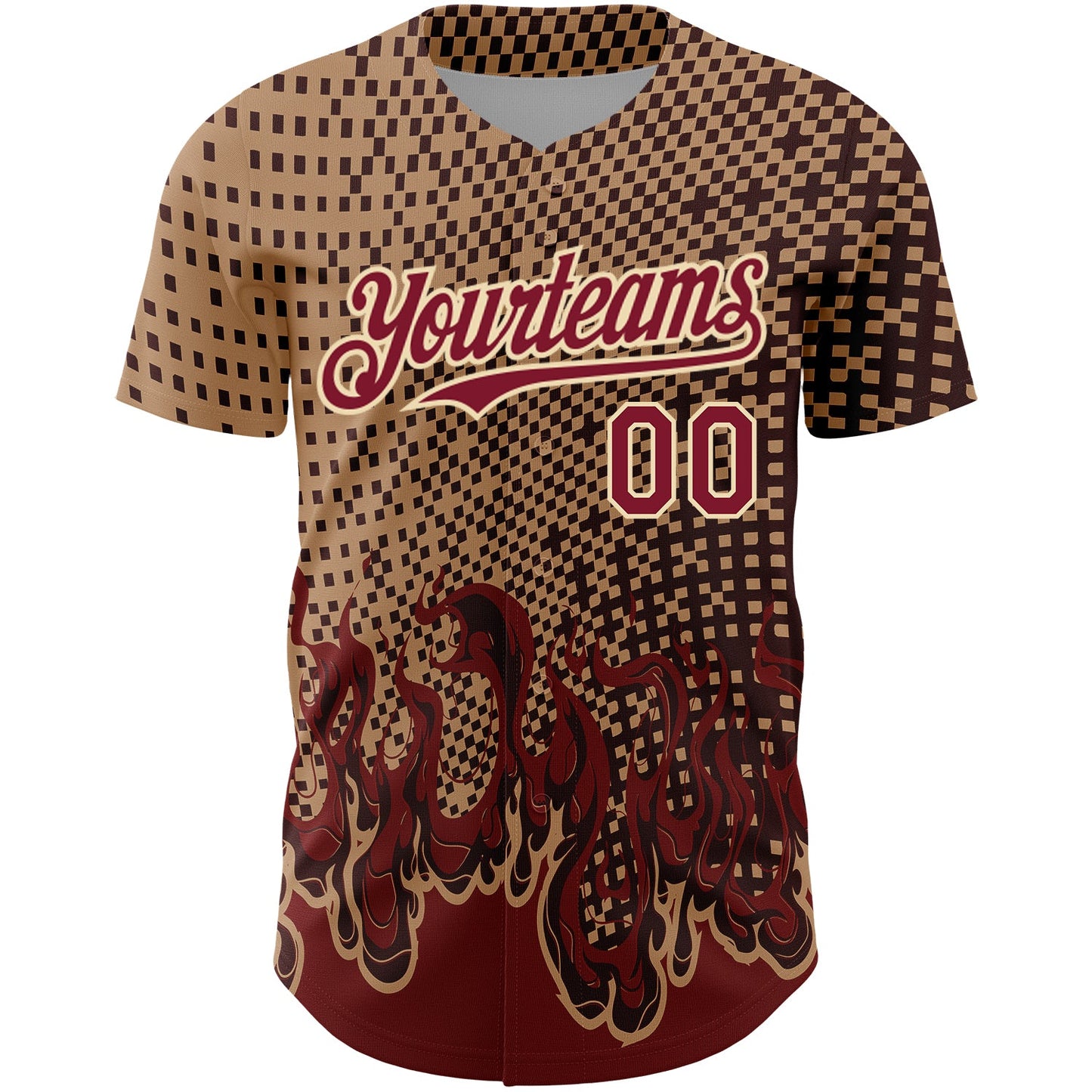 Custom Old Gold Crimson-City Cream 3D Pattern Design Flame Authentic Baseball Jersey view 2