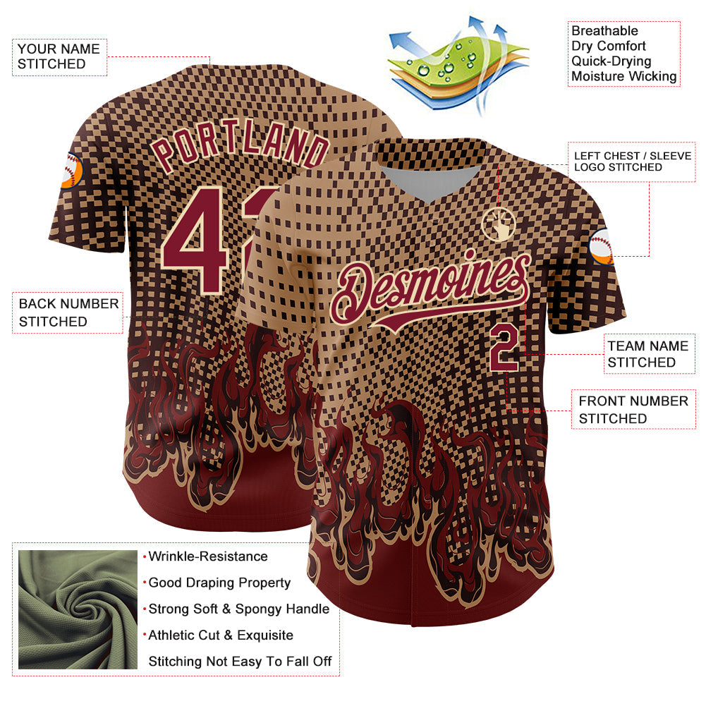 Custom Old Gold Crimson-City Cream 3D Pattern Design Flame Authentic Baseball Jersey view 3