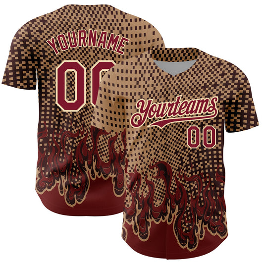 Custom Old Gold Crimson-City Cream 3D Pattern Design Flame Authentic Baseball Jersey - Main View