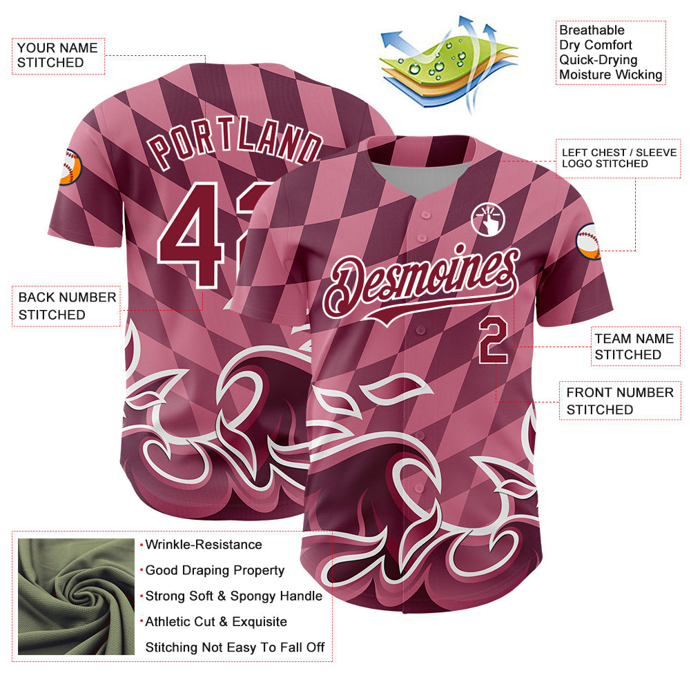 Custom Light Pink Crimson-White 3D Pattern Design Flame Authentic Baseball Jersey view 3