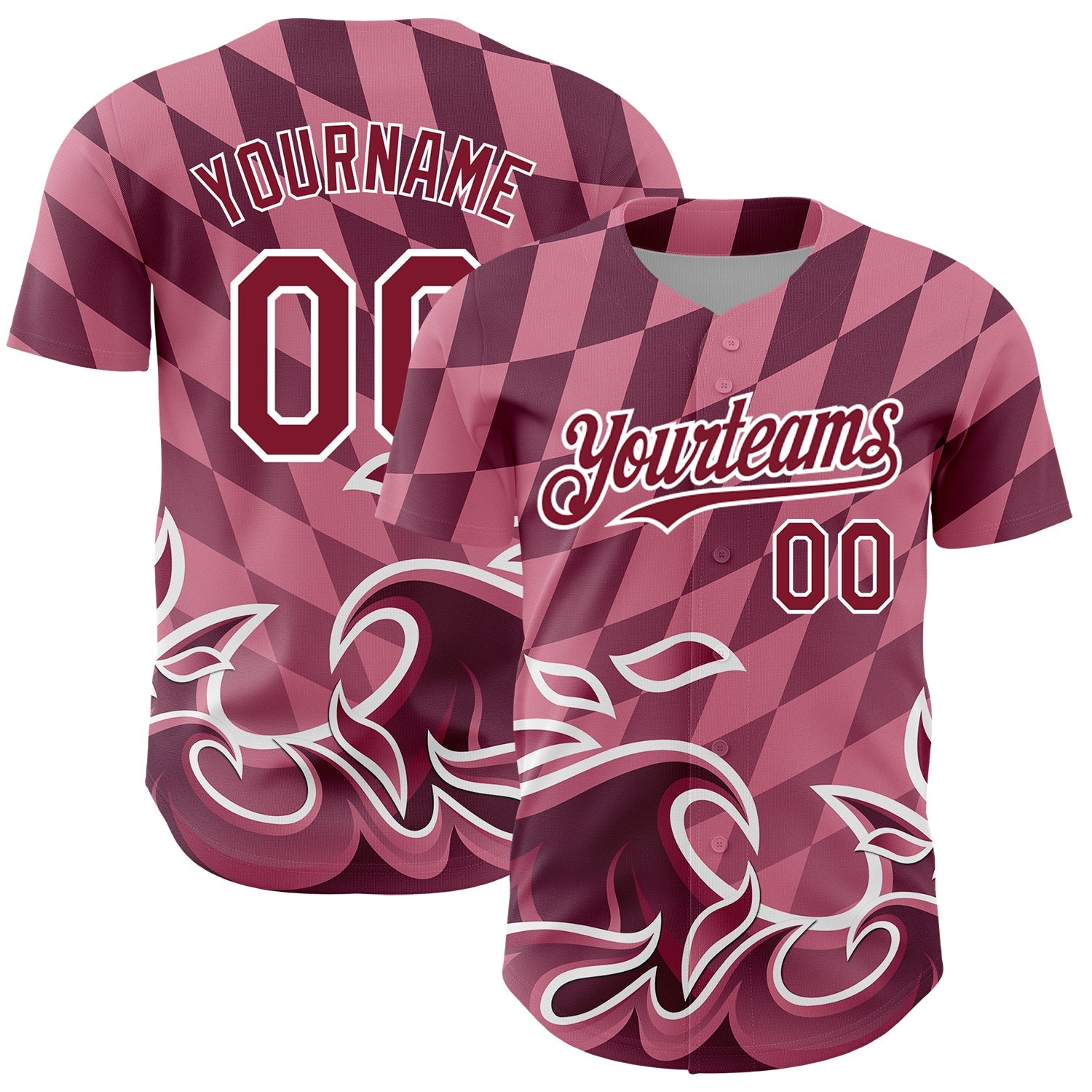 Custom Light Pink Crimson-White 3D Pattern Design Flame Authentic Baseball Jersey - Main View