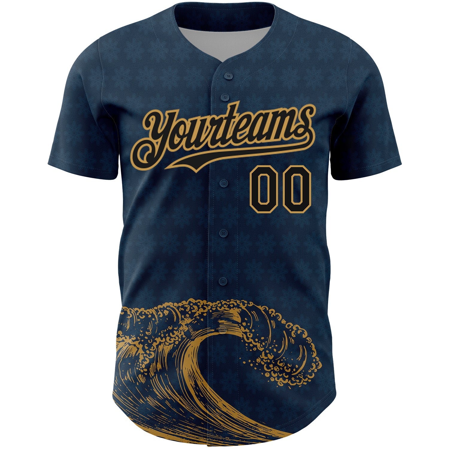 Custom US Navy Blue Black-Old Gold 3D Pattern Design Wave Authentic Baseball Jersey view 2