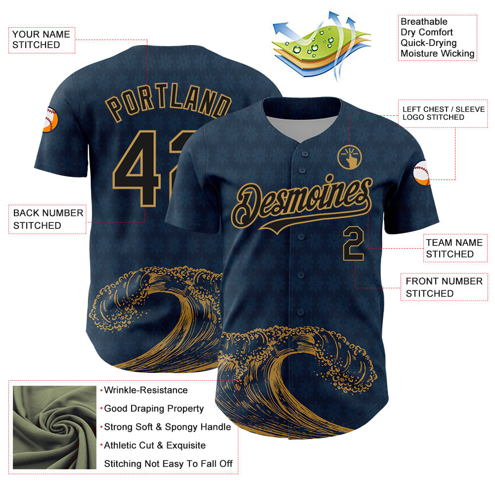 Custom US Navy Blue Black-Old Gold 3D Pattern Design Wave Authentic Baseball Jersey view 3
