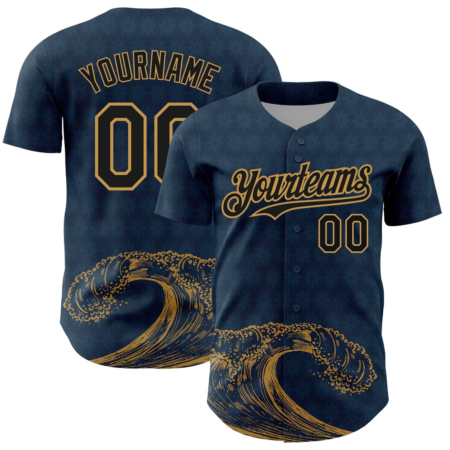 Custom US Navy Blue Black-Old Gold 3D Pattern Design Wave Authentic Baseball Jersey - Main View