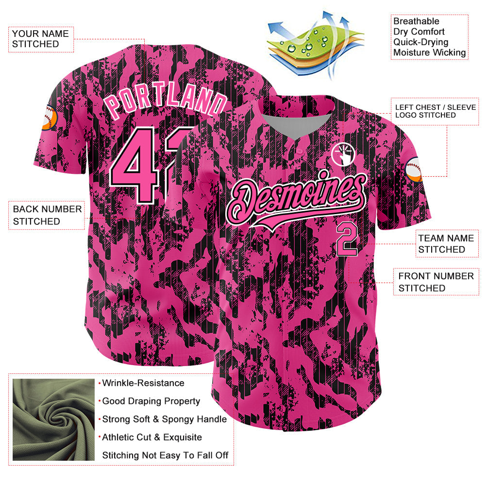 Custom Pink Black-White 3D Pattern Design Abstract Fluid Authentic Baseball Jersey view 3