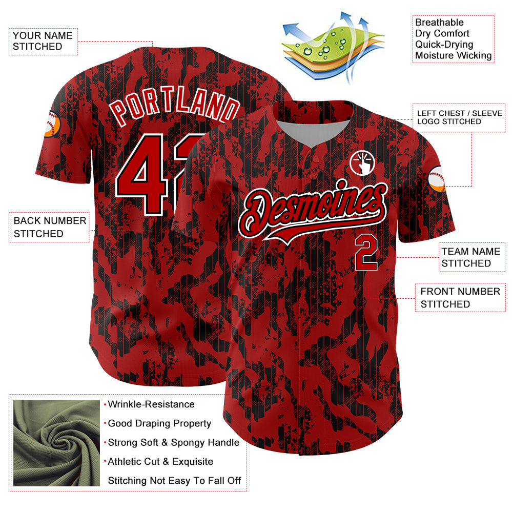 Custom Red Black-White 3D Pattern Design Abstract Fluid Authentic Baseball Jersey view 3
