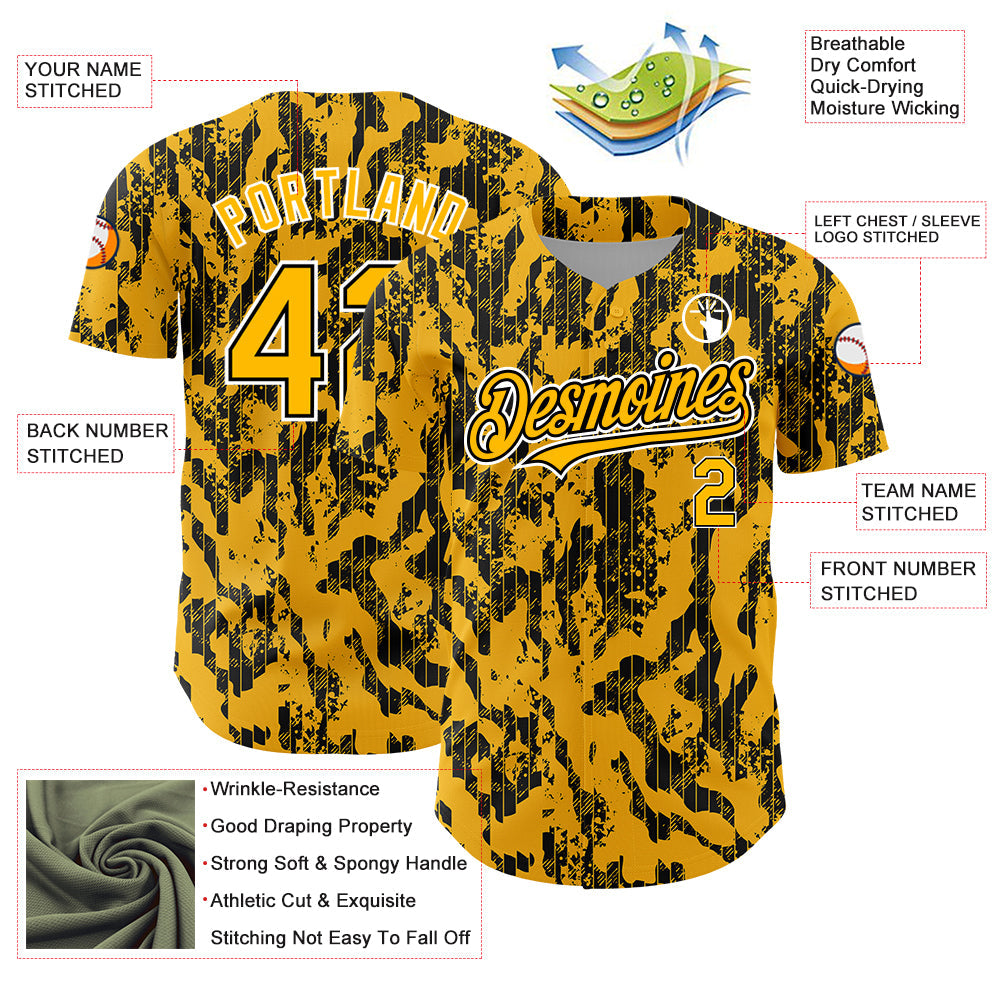 Custom Gold Black-White 3D Pattern Design Abstract Fluid Authentic Baseball Jersey view 3