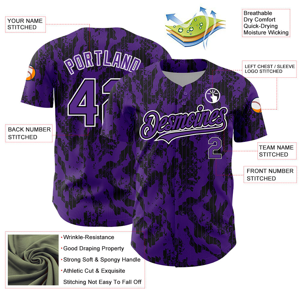 Custom Purple Black-White 3D Pattern Design Abstract Fluid Authentic Baseball Jersey view 3