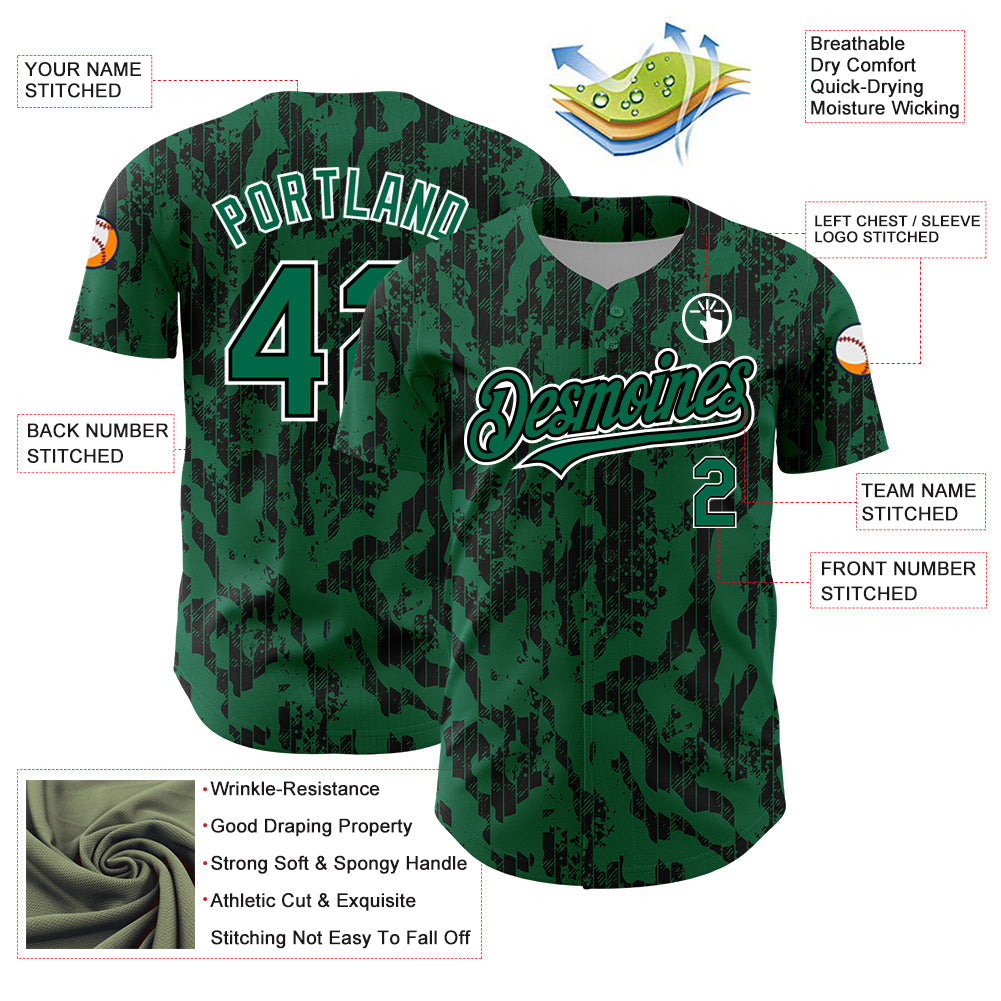 Custom Kelly Green Black-White 3D Pattern Design Abstract Fluid Authentic Baseball Jersey view 3