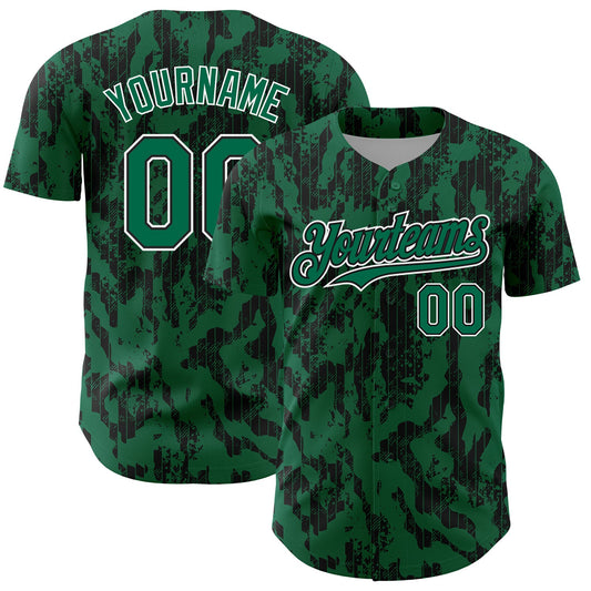 Custom Kelly Green Black-White 3D Pattern Design Abstract Fluid Authentic Baseball Jersey - Main View