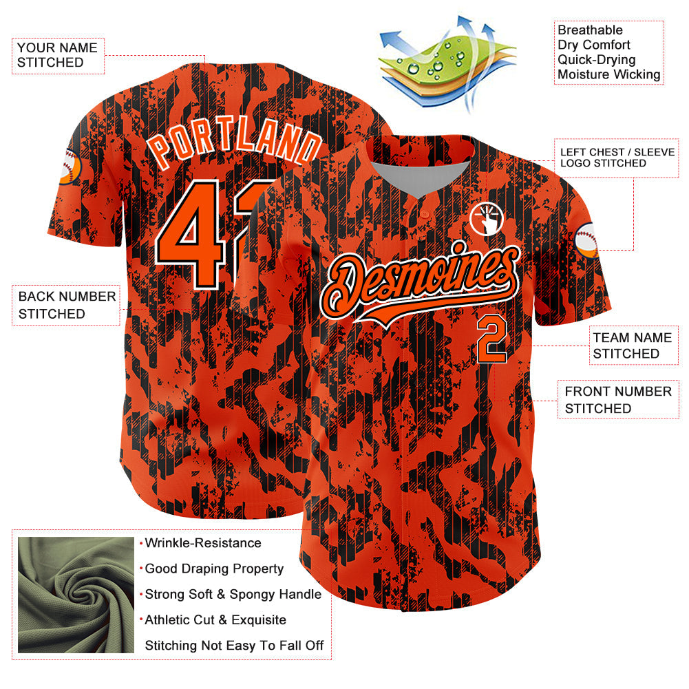 Custom Orange Black-White 3D Pattern Design Abstract Fluid Authentic Baseball Jersey view 3
