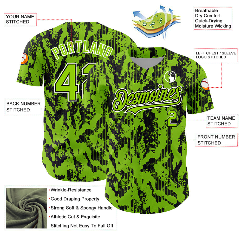 Custom Neon Green Black-White 3D Pattern Design Abstract Fluid Authentic Baseball Jersey view 3