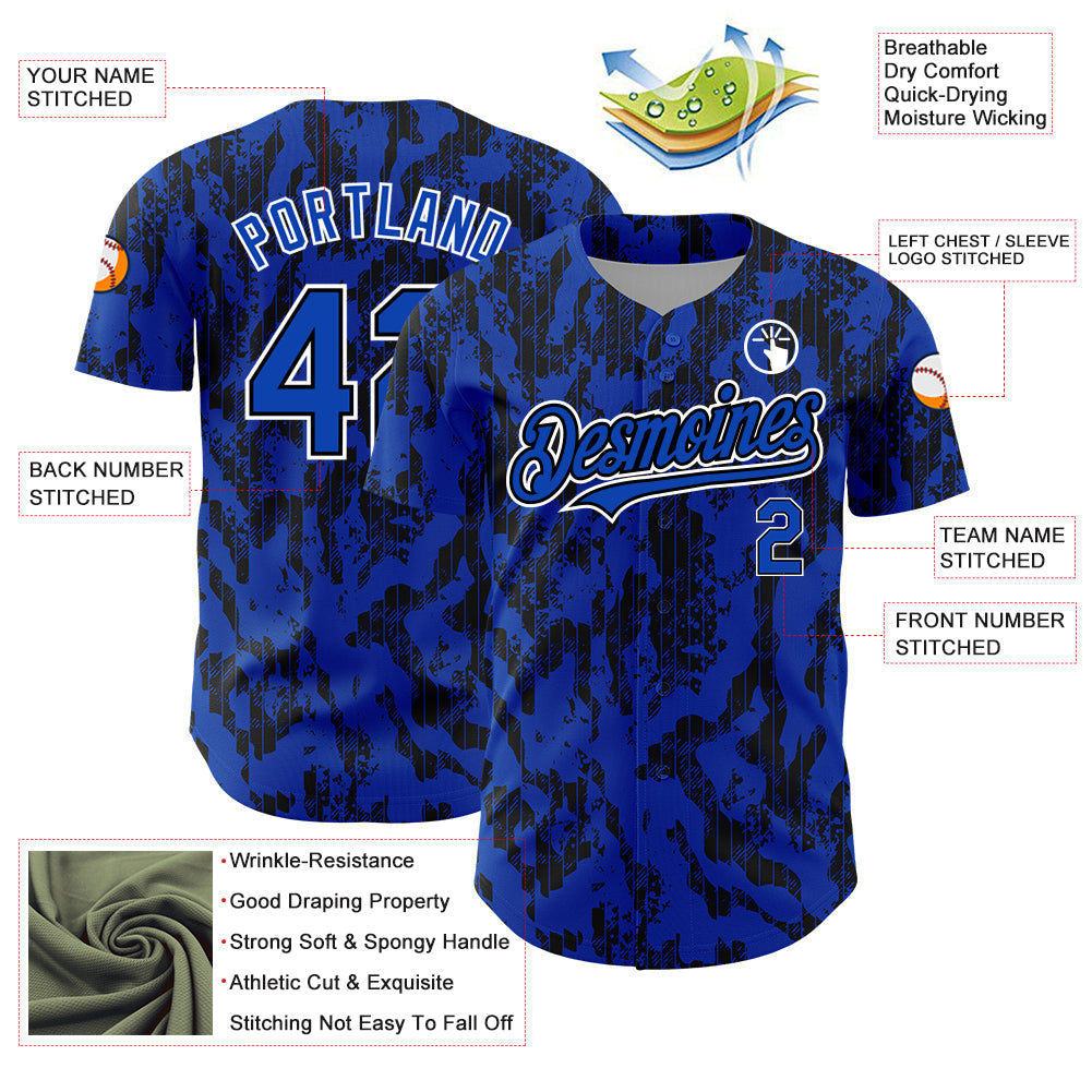 Custom Thunder Blue Black-White 3D Pattern Design Abstract Fluid Authentic Baseball Jersey view 3
