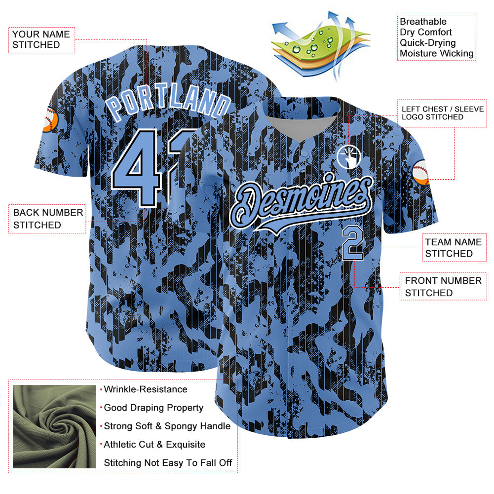 Custom Light Blue Black-White 3D Pattern Design Abstract Fluid Authentic Baseball Jersey view 3
