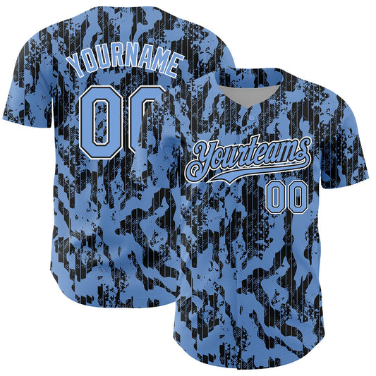Custom Light Blue Black-White 3D Pattern Design Abstract Fluid Authentic Baseball Jersey - Main View