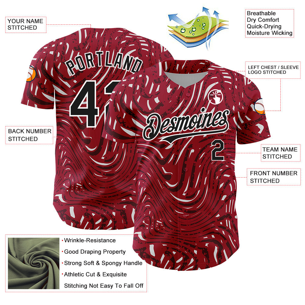 Custom Crimson Black-White 3D Pattern Design Abstract Fluid Authentic Baseball Jersey view 3