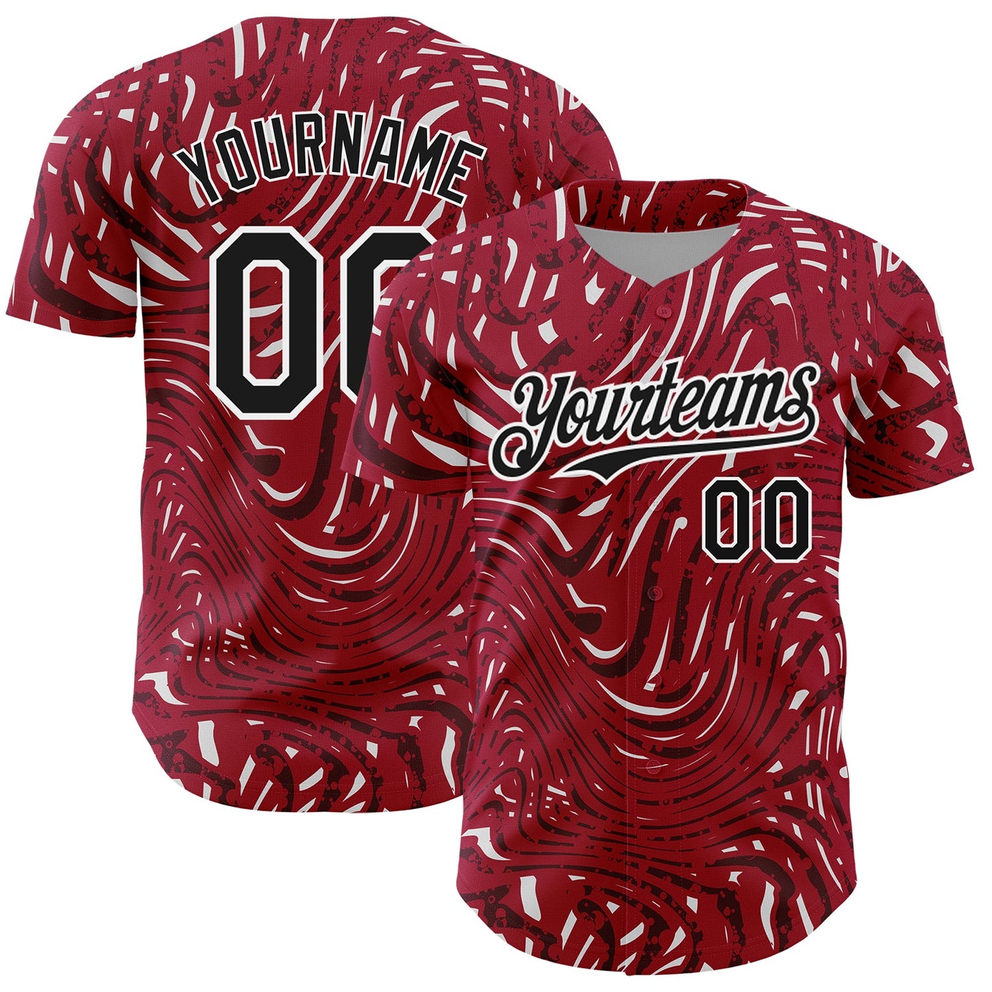 Custom Crimson Black-White 3D Pattern Design Abstract Fluid Authentic Baseball Jersey - Main View