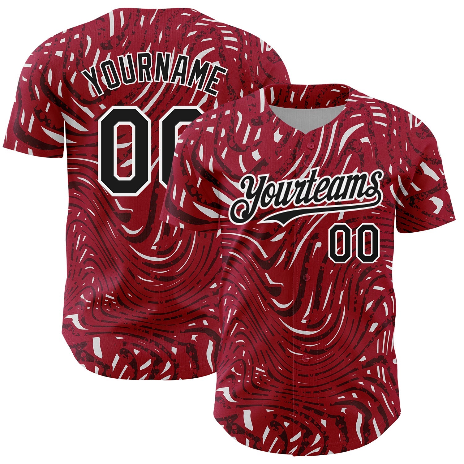 Custom Crimson Black-White 3D Pattern Design Abstract Fluid Authentic Baseball Jersey - Main View