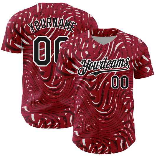 Custom Crimson Black-White 3D Pattern Design Abstract Fluid Authentic Baseball Jersey - Main View