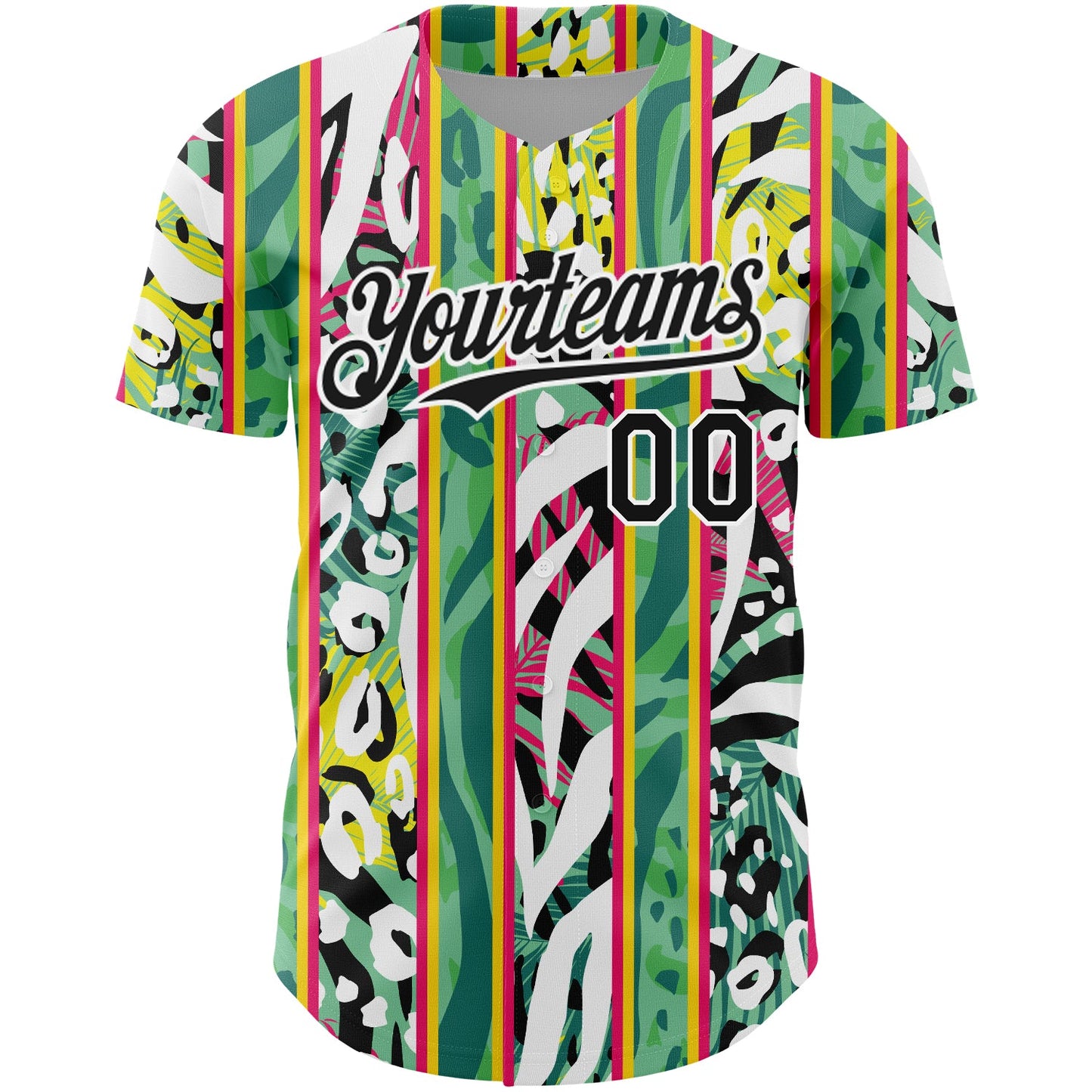 Custom Kelly Green Black-White 3D Pattern Design Animal Fur Print With Leaves Authentic Baseball Jersey view 2