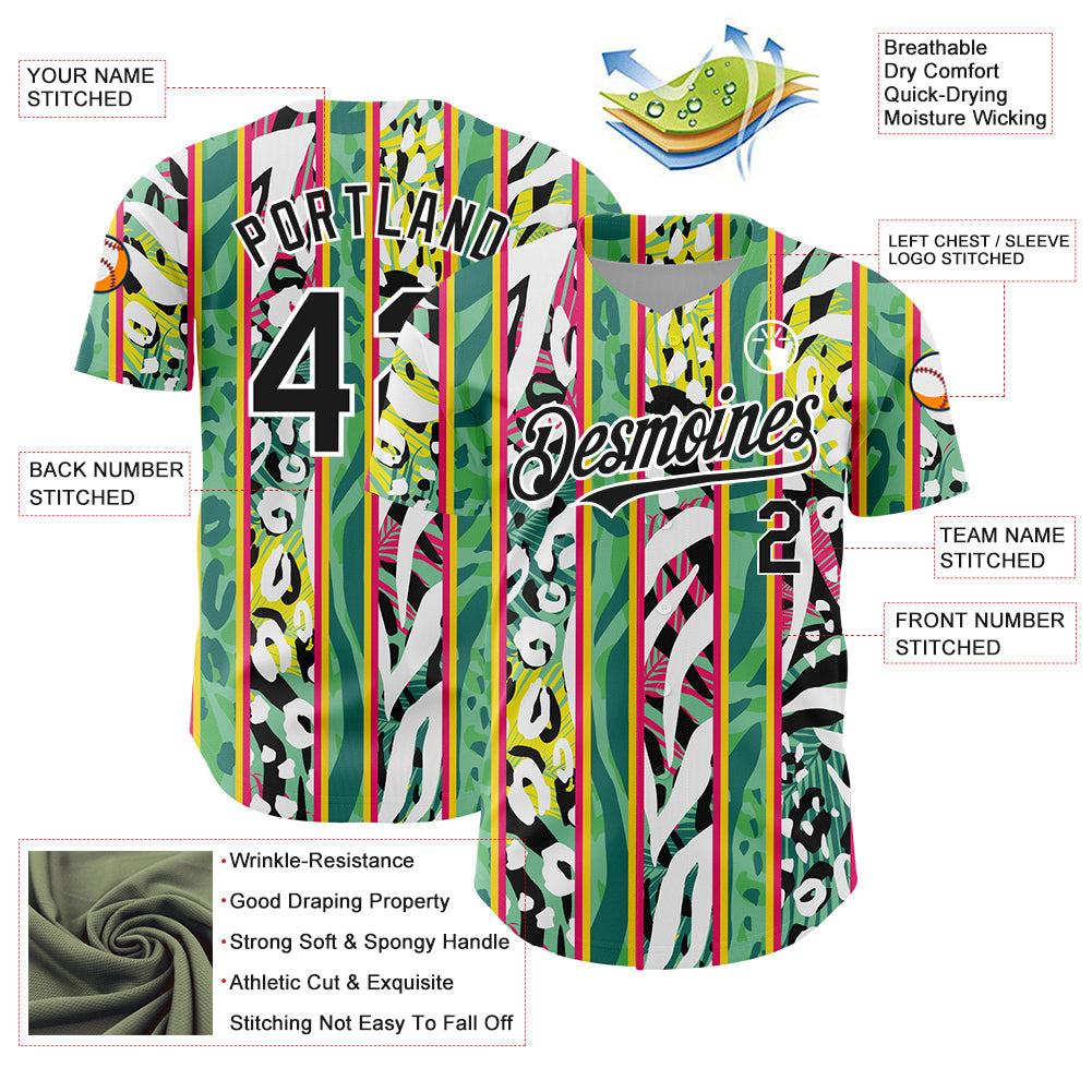 Custom Kelly Green Black-White 3D Pattern Design Animal Fur Print With Leaves Authentic Baseball Jersey view 3
