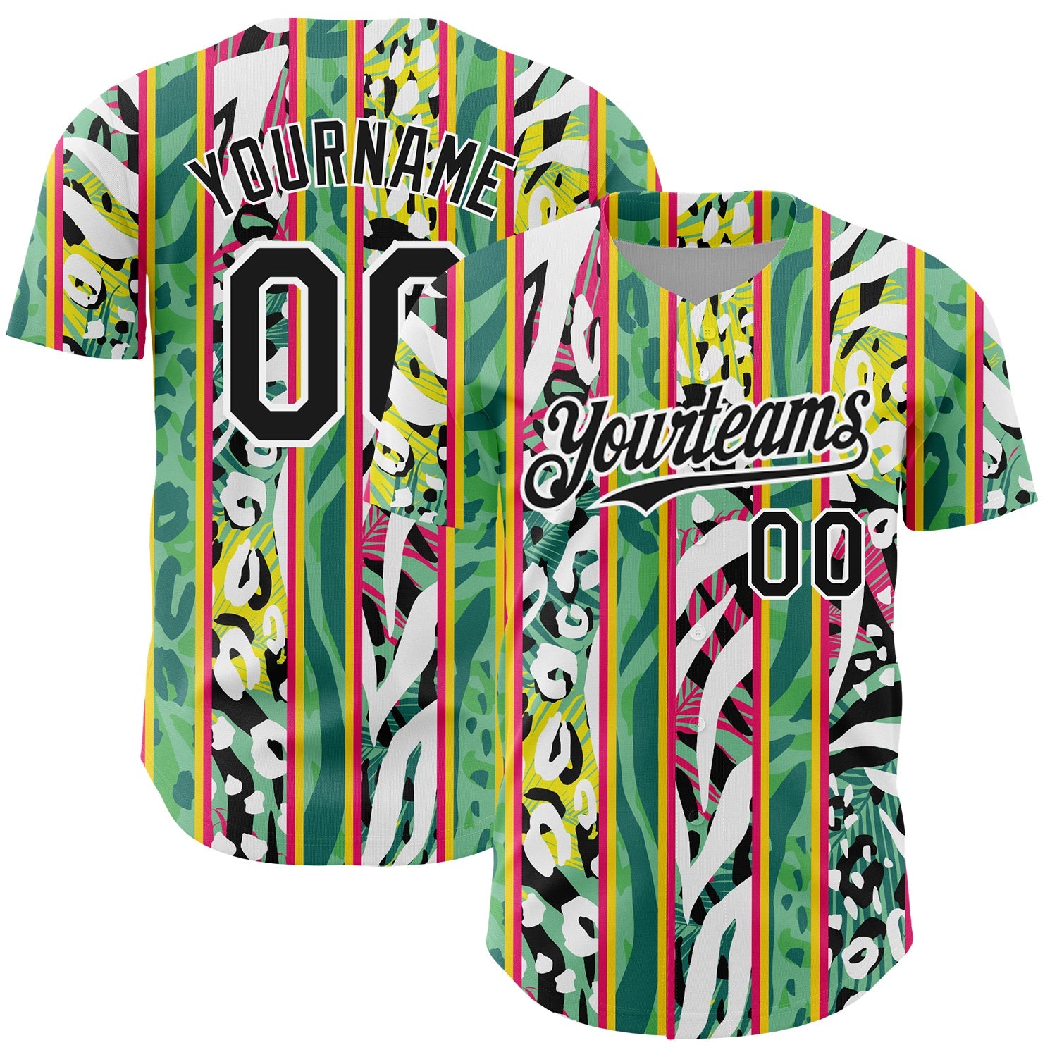 Custom Kelly Green Black-White 3D Pattern Design Animal Fur Print With Leaves Authentic Baseball Jersey - Main View