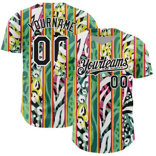 Custom Kelly Green Black-White 3D Pattern Design Animal Fur Print With Leaves Authentic Baseball Jersey - Main View