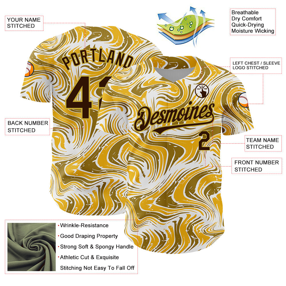 Custom Yellow Brown-Old Gold 3D Pattern Design Abstract Fluid Authentic Baseball Jersey view 3