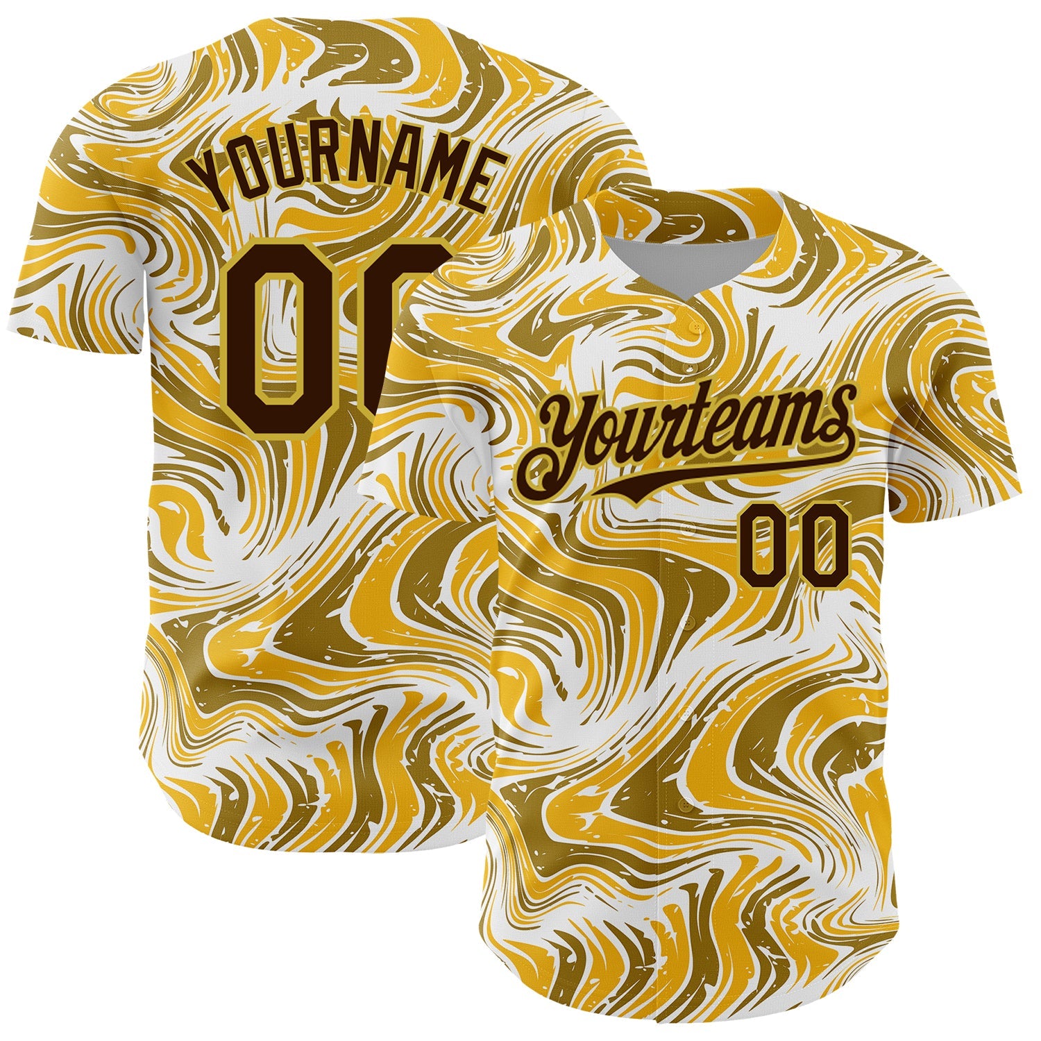 Custom Yellow Brown-Old Gold 3D Pattern Design Abstract Fluid Authentic Baseball Jersey - Main View