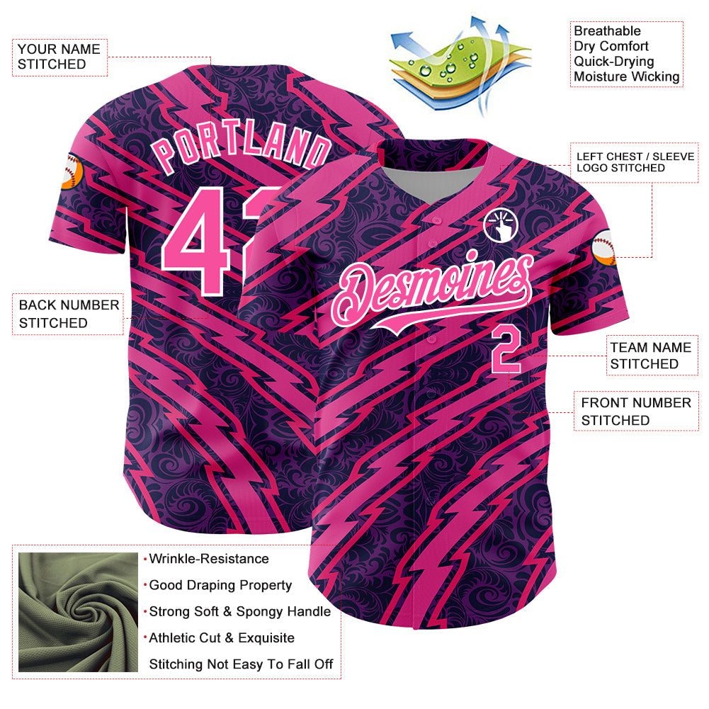 Custom Purple Pink-White 3D Pattern Design Zigzag Authentic Baseball Jersey view 3