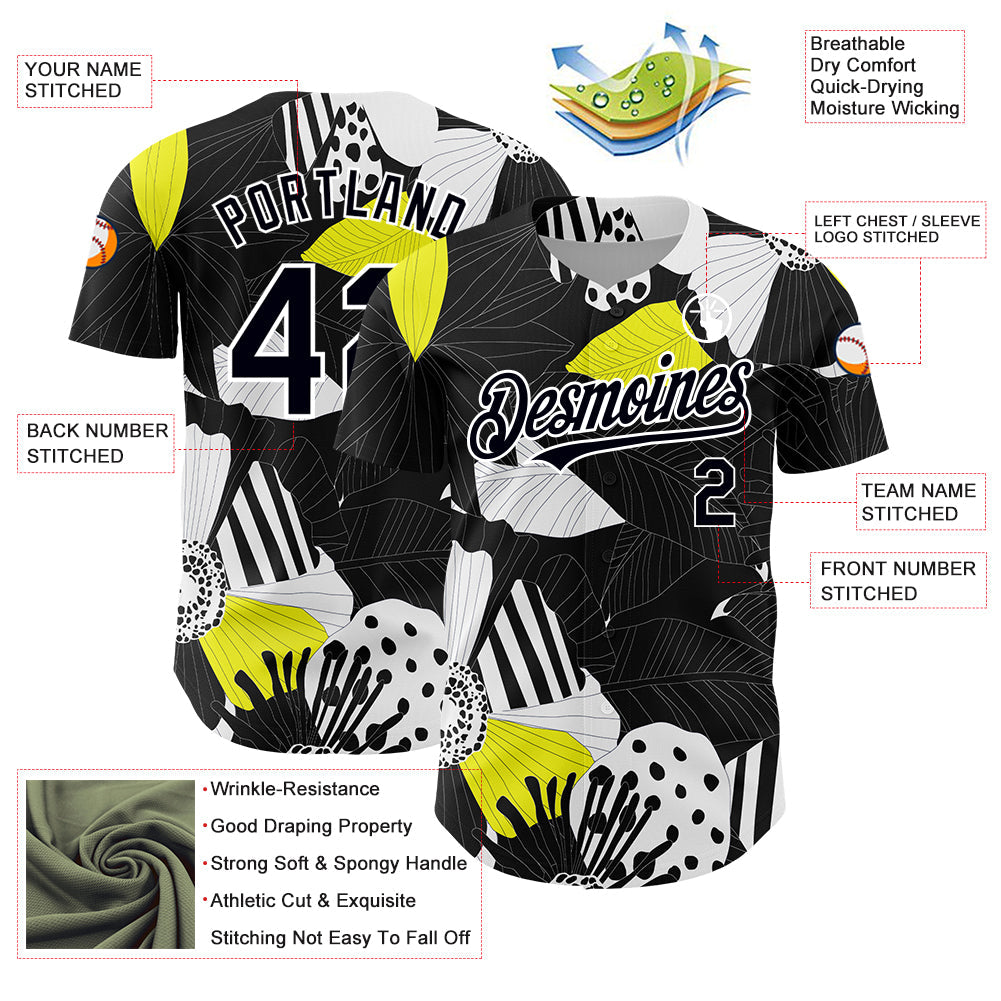 Custom Black White 3D Pattern Design Flower Authentic Baseball Jersey view 3