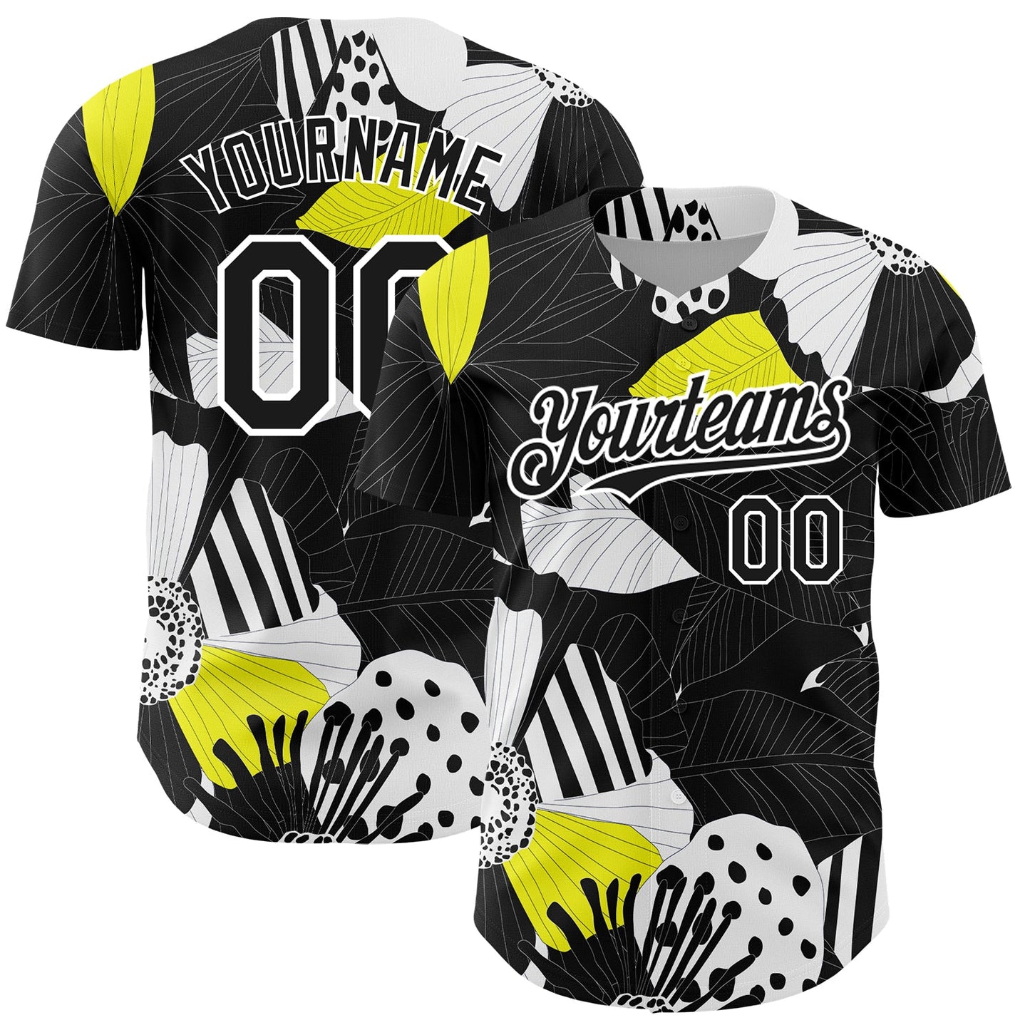 Custom Black White 3D Pattern Design Flower Authentic Baseball Jersey - Main View