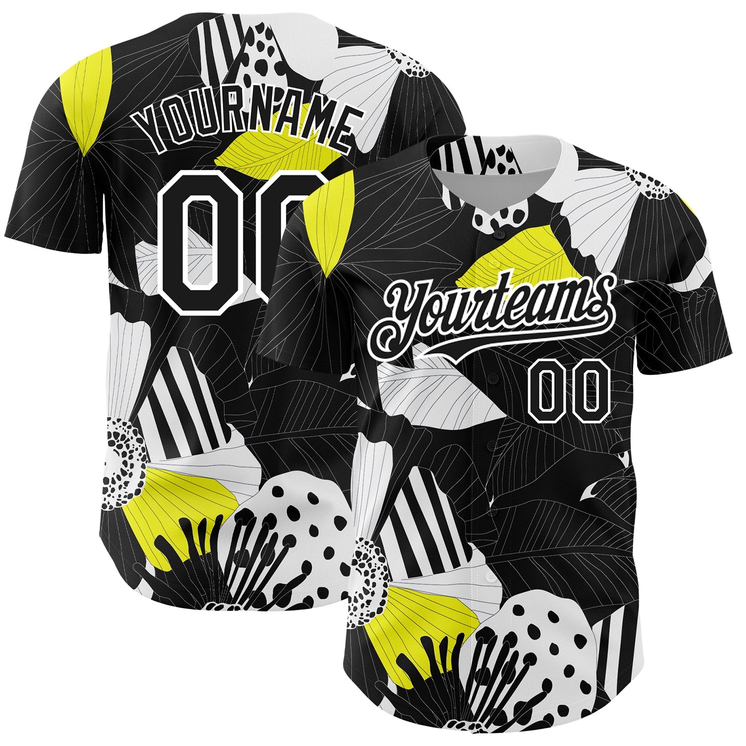 Custom Black White 3D Pattern Design Flower Authentic Baseball Jersey - Main View