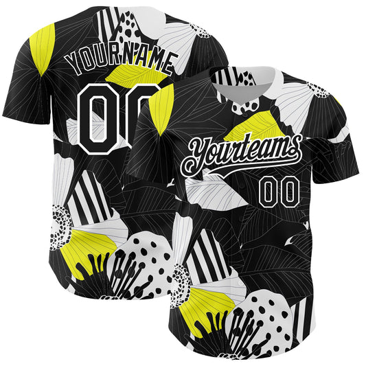 Custom Black White 3D Pattern Design Flower Authentic Baseball Jersey - Main View