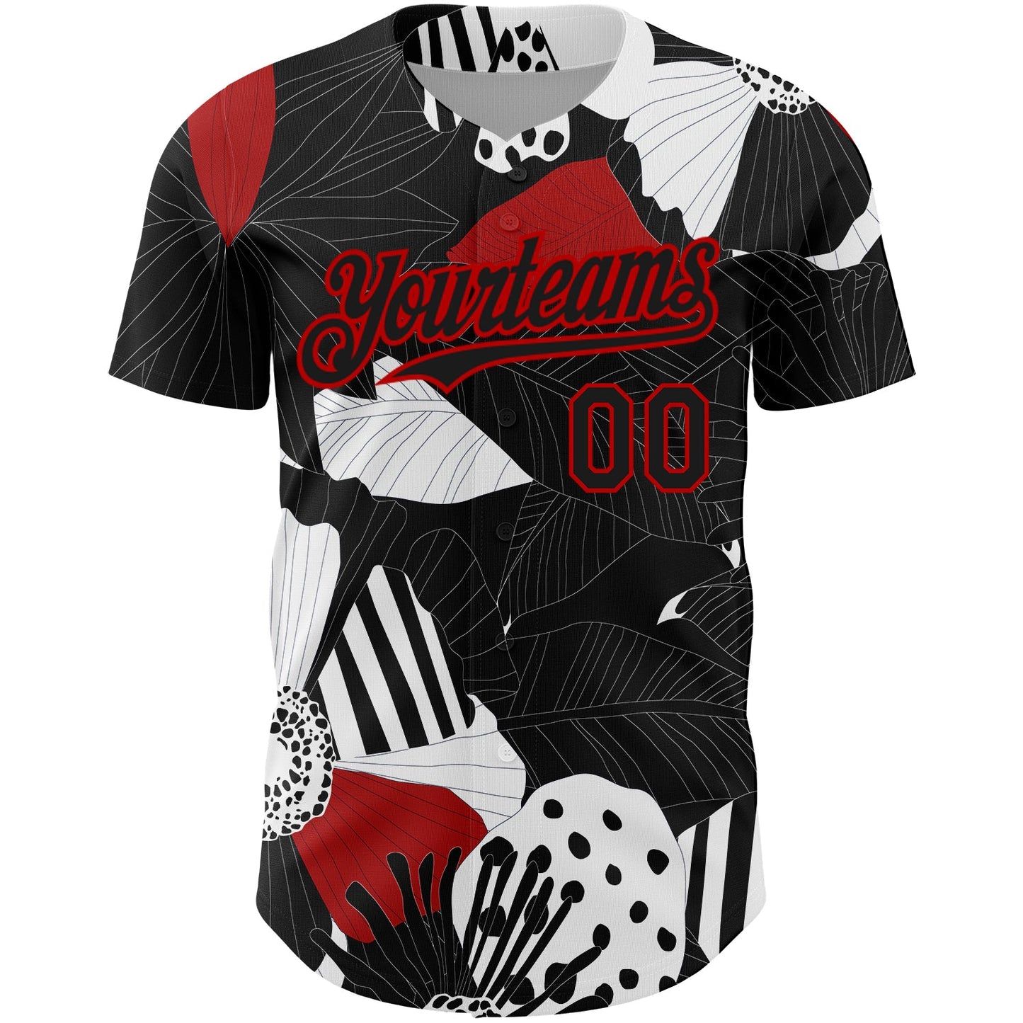 Custom Black Red-White 3D Pattern Design Flower Authentic Baseball Jersey view 2