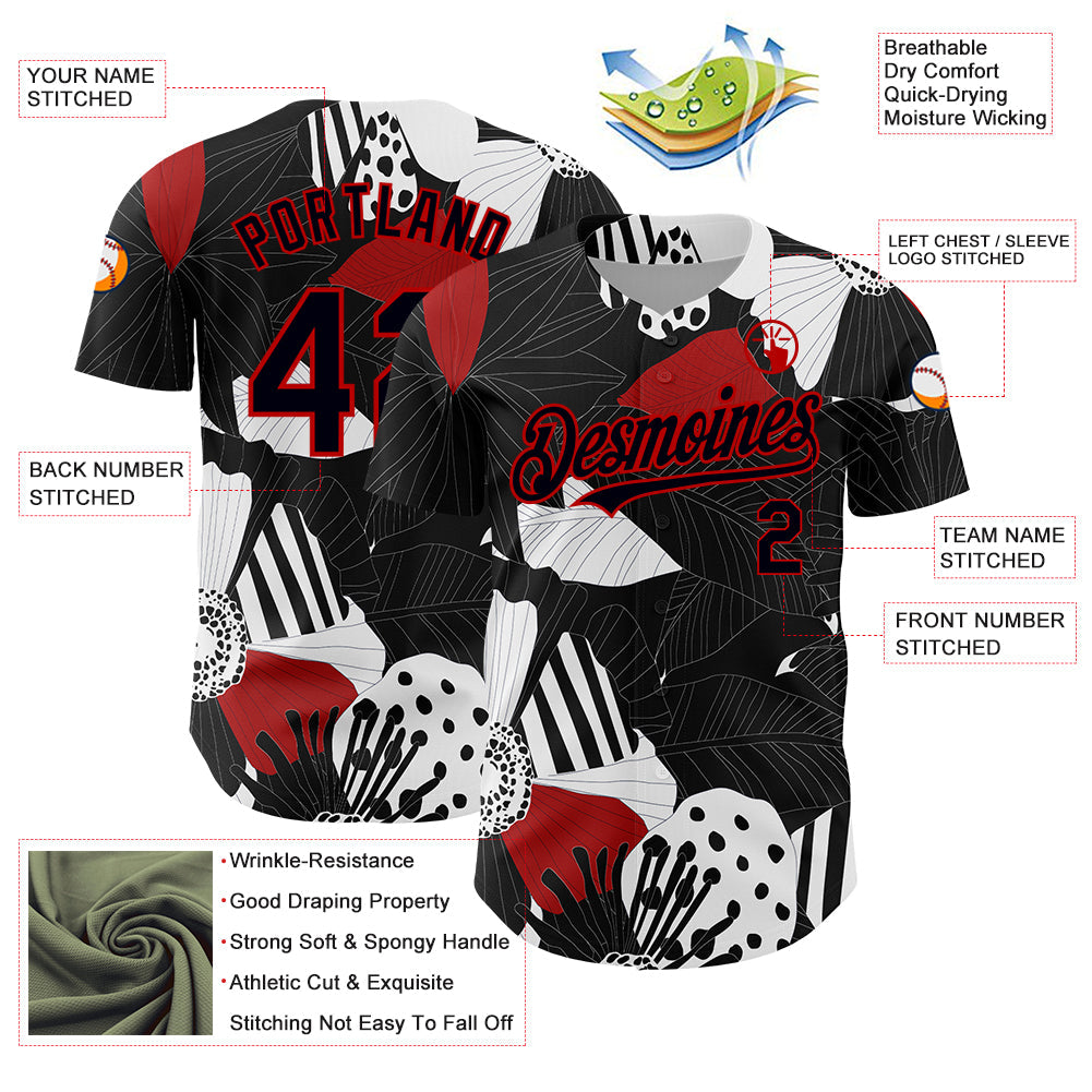 Custom Black Red-White 3D Pattern Design Flower Authentic Baseball Jersey view 3