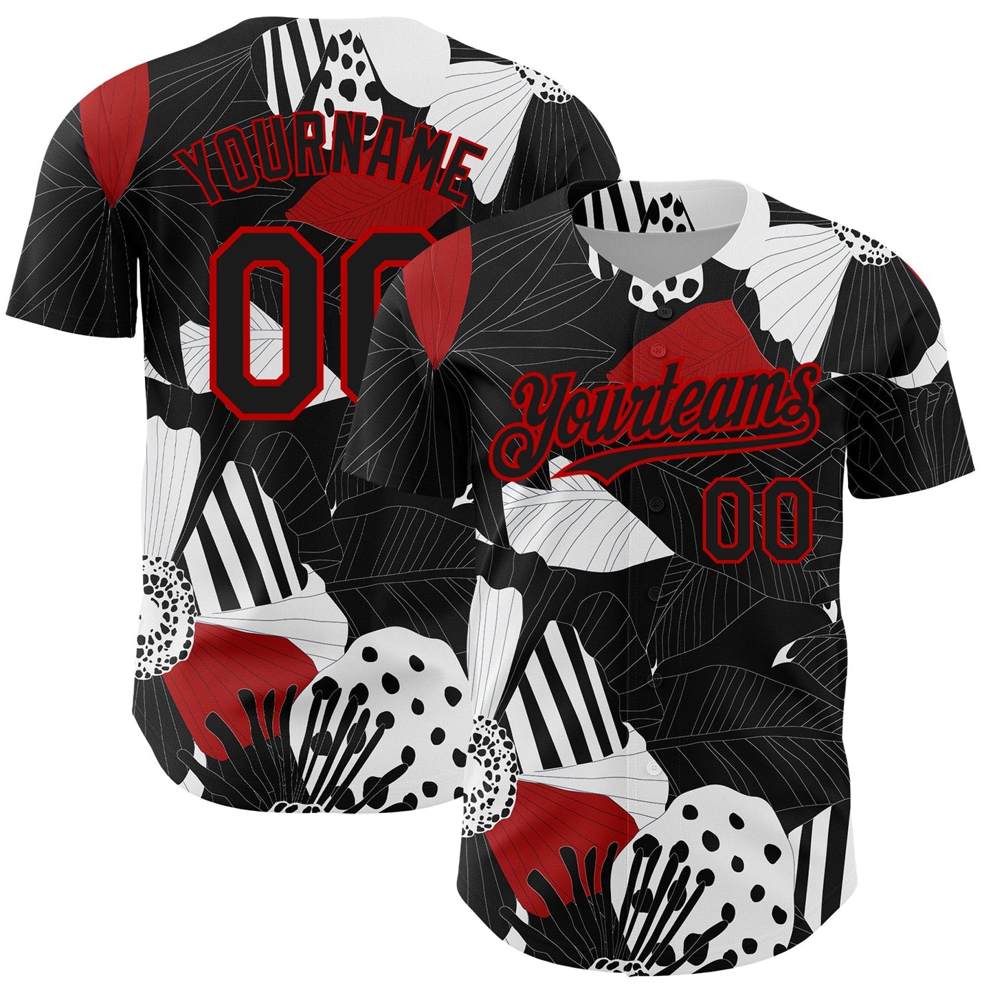 Custom Black Red-White 3D Pattern Design Flower Authentic Baseball Jersey - Main View