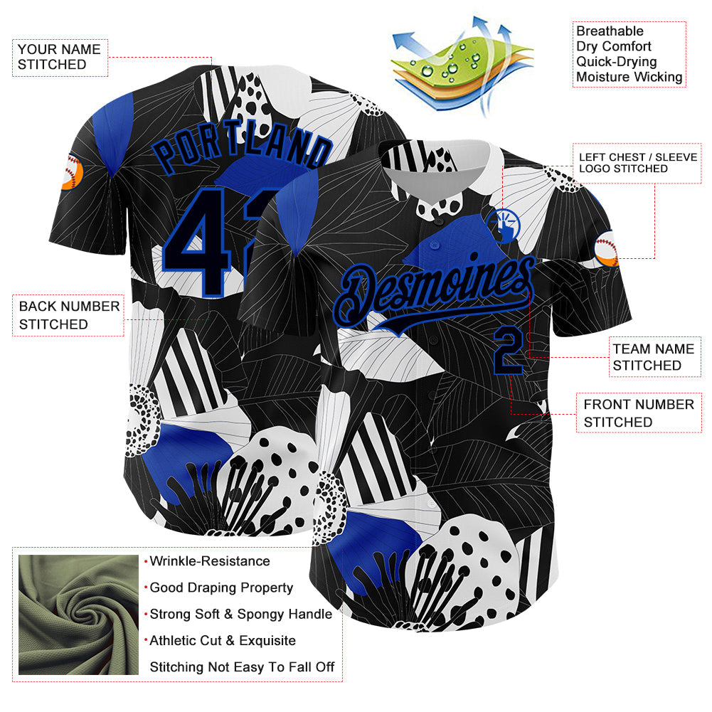 Custom Black Thunder Blue-White 3D Pattern Design Flower Authentic Baseball Jersey view 3