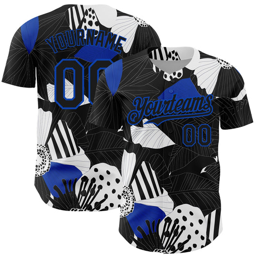 Custom Black Thunder Blue-White 3D Pattern Design Flower Authentic Baseball Jersey - Main View