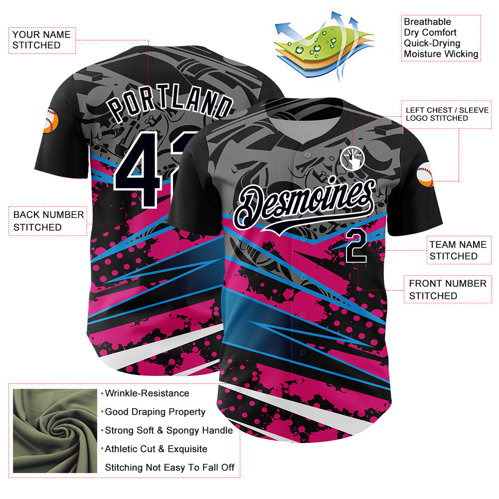 Custom Black Pink-White 3D Pattern Design Splatter Art Authentic Baseball Jersey view 3