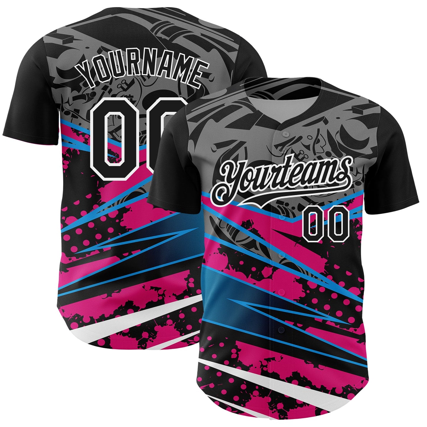 Custom Black Pink-White 3D Pattern Design Splatter Art Authentic Baseball Jersey - Main View