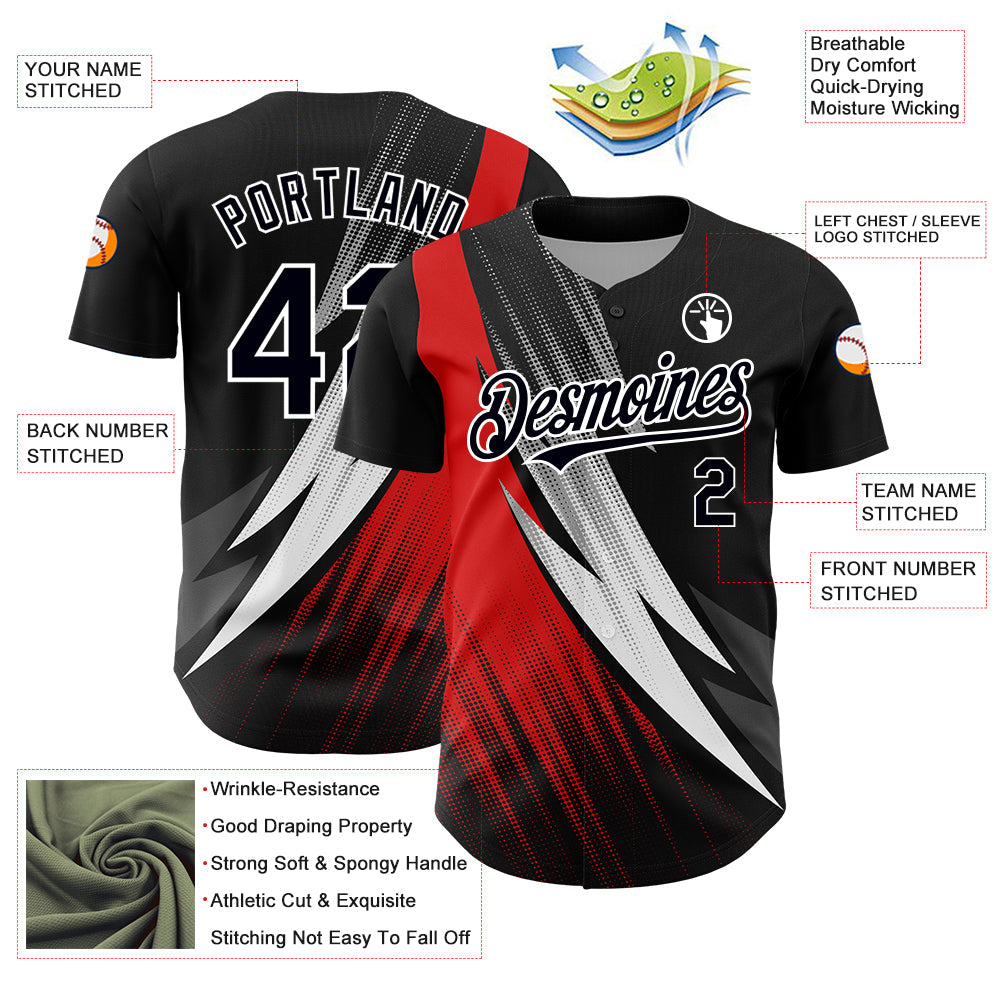 Custom Black Red-White 3D Pattern Design Geometric Shape Authentic Baseball Jersey view 3