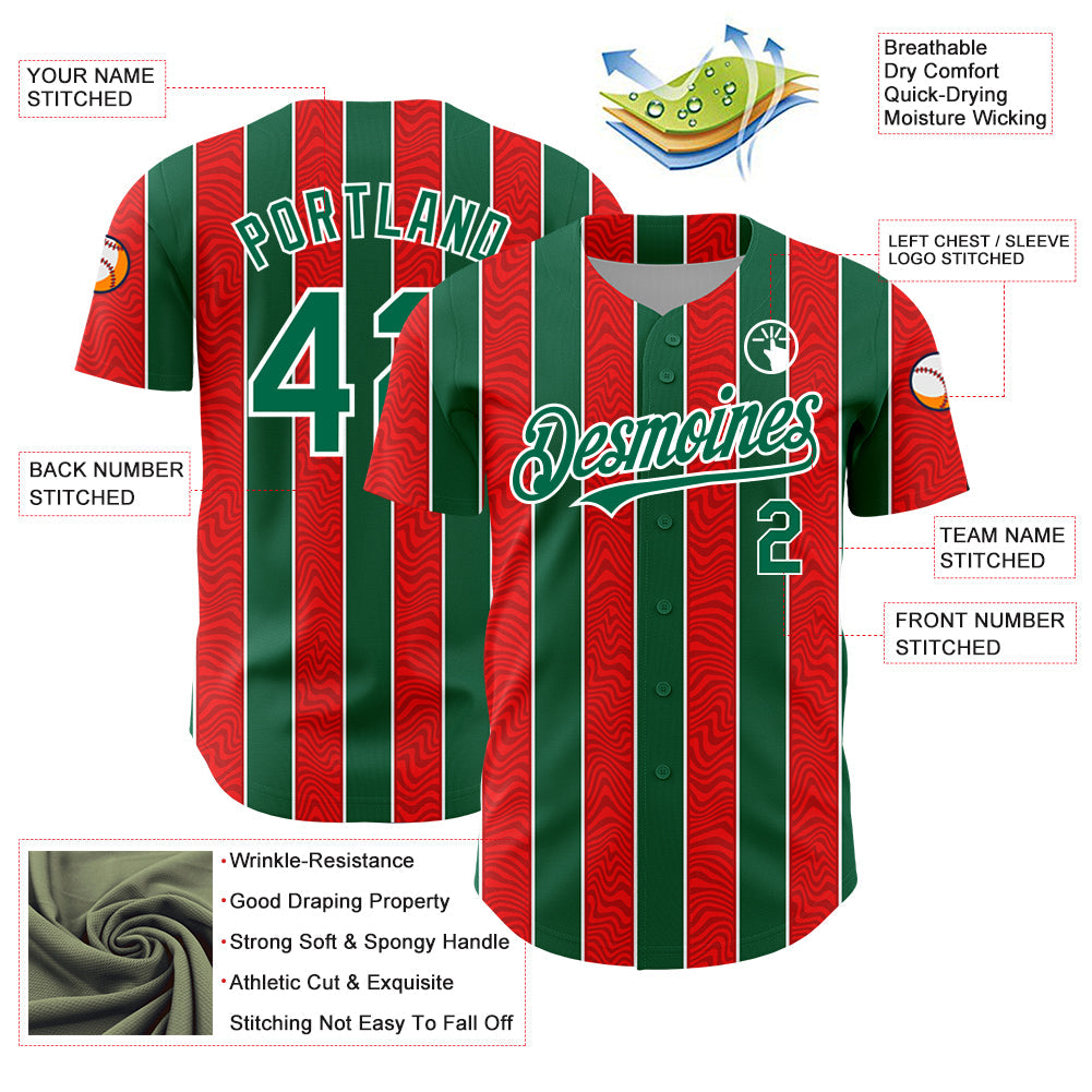Custom Red Kelly Green-White 3D Pattern Design Stripe Authentic Baseball Jersey view 3